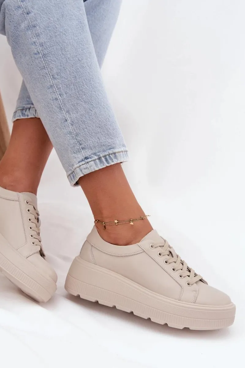 Hot Skórzane Sneakersy Na Masywnej Platformie Beżowe Sylvessa Damskie Buty Sportowe Na Platformie