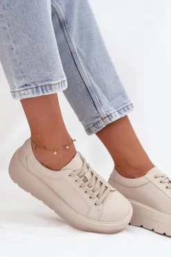 Hot Skórzane Sneakersy Na Masywnej Platformie Beżowe Sylvessa Damskie Buty Sportowe Na Platformie