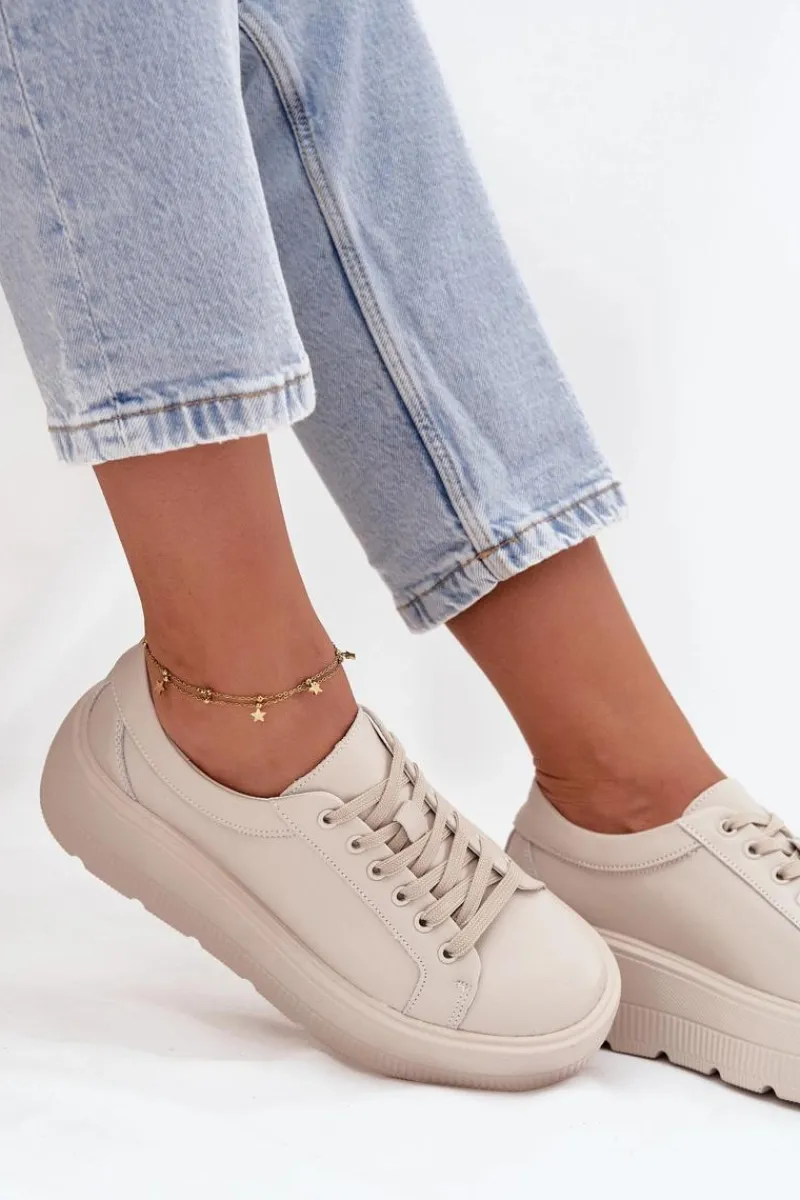 Hot Skórzane Sneakersy Na Masywnej Platformie Beżowe Sylvessa Damskie Buty Sportowe Na Platformie