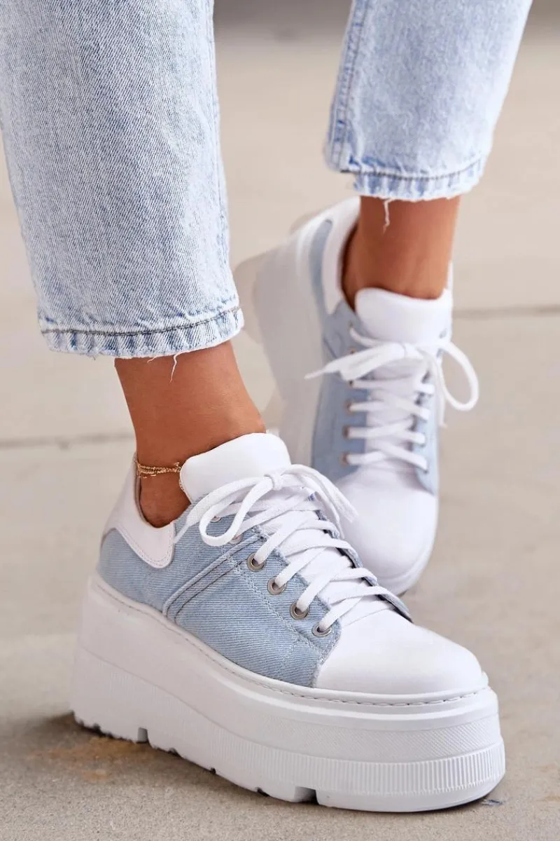 Skórzane Sneakersy Na Masywnej Platformie Jeansowe Lewski 3586 Białe Damskie Sneakersy Damskie