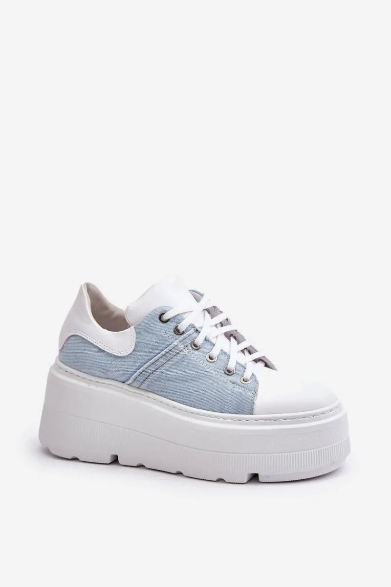 Skórzane Sneakersy Na Masywnej Platformie Jeansowe Lewski 3586 Białe Damskie Sneakersy Damskie