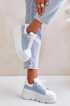 Skórzane Sneakersy Na Masywnej Platformie Jeansowe Lewski 3586 Białe Damskie Sneakersy Damskie