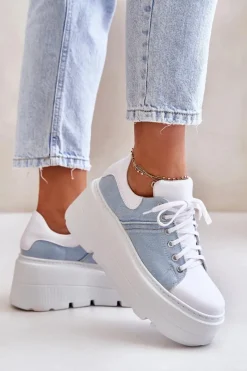 Skórzane Sneakersy Na Masywnej Platformie Jeansowe Lewski 3586 Białe Damskie Sneakersy Damskie