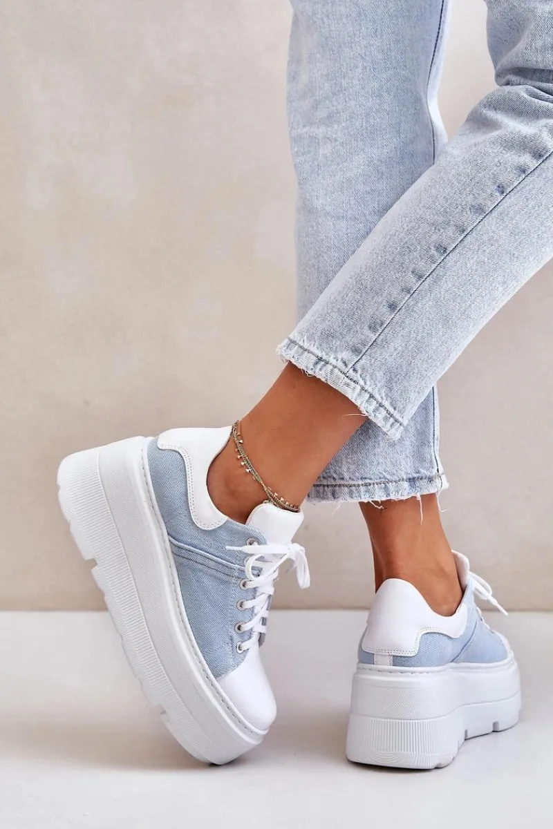 Skórzane Sneakersy Na Masywnej Platformie Jeansowe Lewski 3586 Białe Damskie Sneakersy Damskie