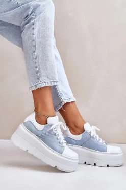 Skórzane Sneakersy Na Masywnej Platformie Jeansowe Lewski 3586 Białe Damskie Sneakersy Damskie