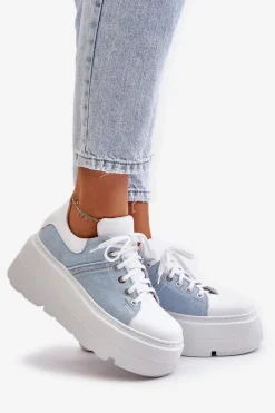 Skórzane Sneakersy Na Masywnej Platformie Jeansowe Lewski 3586 Białe Damskie Sneakersy Damskie