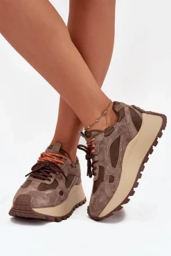 Online Big Star Shoes Skórzane Sneakersy Na Platformie Damskie Big Star SS274627 HI-POLY SYSTEM Beżowe Beżowy