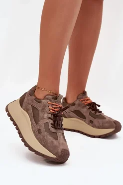 Online Big Star Shoes Skórzane Sneakersy Na Platformie Damskie Big Star SS274627 HI-POLY SYSTEM Beżowe Beżowy