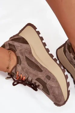 Online Big Star Shoes Skórzane Sneakersy Na Platformie Damskie Big Star SS274627 HI-POLY SYSTEM Beżowe Beżowy