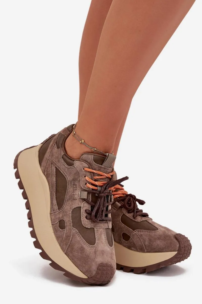 Online Big Star Shoes Skórzane Sneakersy Na Platformie Damskie Big Star SS274627 HI-POLY SYSTEM Beżowe Beżowy