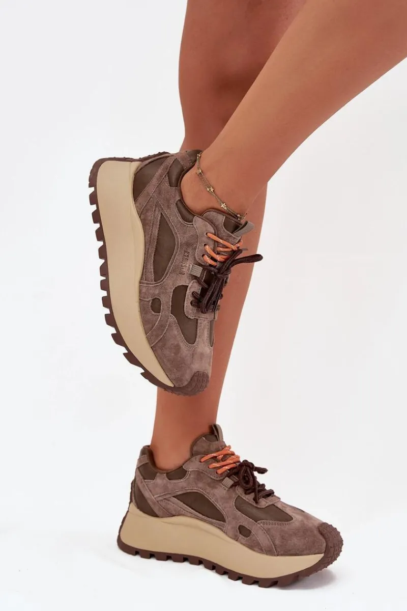 Online Big Star Shoes Skórzane Sneakersy Na Platformie Damskie Big Star SS274627 HI-POLY SYSTEM Beżowe Beżowy