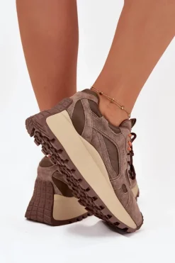 Online Big Star Shoes Skórzane Sneakersy Na Platformie Damskie Big Star SS274627 HI-POLY SYSTEM Beżowe Beżowy