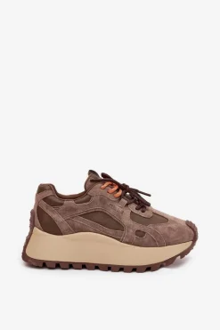 Online Big Star Shoes Skórzane Sneakersy Na Platformie Damskie Big Star SS274627 HI-POLY SYSTEM Beżowe Beżowy