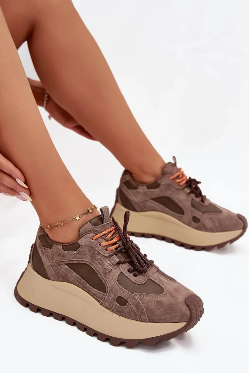 Online Big Star Shoes Skórzane Sneakersy Na Platformie Damskie Big Star SS274627 HI-POLY SYSTEM Beżowe Beżowy