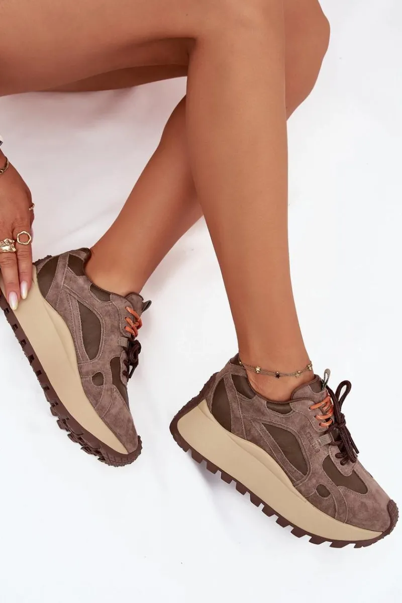 Online Big Star Shoes Skórzane Sneakersy Na Platformie Damskie Big Star SS274627 HI-POLY SYSTEM Beżowe Beżowy