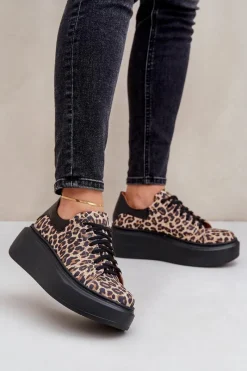 Hot Zazoo Skórzane Sneakersy Na Platformie W Panterkę 3346 Brązowo-Czarne