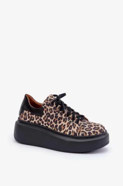 Hot Zazoo Skórzane Sneakersy Na Platformie W Panterkę 3346 Brązowo-Czarne