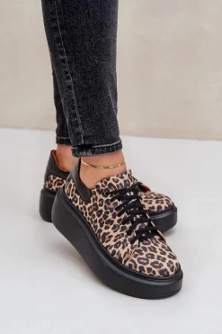 Hot Zazoo Skórzane Sneakersy Na Platformie W Panterkę 3346 Brązowo-Czarne