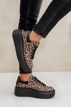 Hot Zazoo Skórzane Sneakersy Na Platformie W Panterkę 3346 Brązowo-Czarne