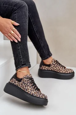 Hot Zazoo Skórzane Sneakersy Na Platformie W Panterkę 3346 Brązowo-Czarne