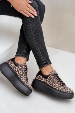 Hot Zazoo Skórzane Sneakersy Na Platformie W Panterkę 3346 Brązowo-Czarne