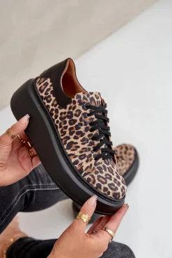 Hot Zazoo Skórzane Sneakersy Na Platformie W Panterkę 3346 Brązowo-Czarne