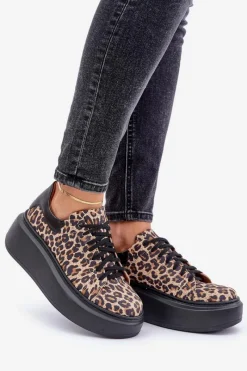 Hot Zazoo Skórzane Sneakersy Na Platformie W Panterkę 3346 Brązowo-Czarne