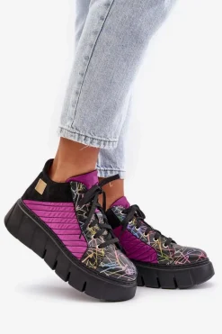 Hot Skórzane Sneakersy Na Platformie 06767-15 Fuksja Damskie Buty Sportowe Na Platformie