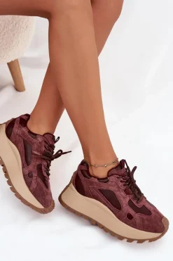 Hot Skórzane Sneakersy Na Platformie Damskie Big Star SS274625 HI-POLY SYSTEM Bordowe Damskie Buty Sportowe Big Star|Sneakersy Damskie