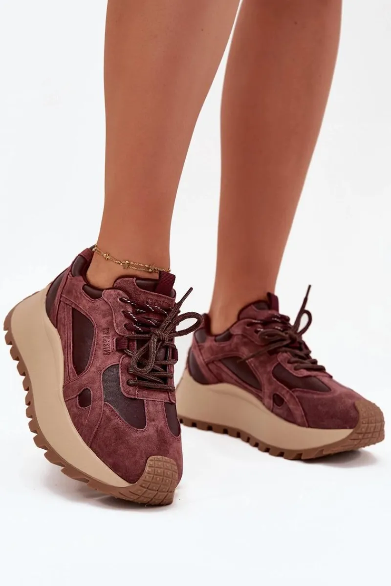 Hot Skórzane Sneakersy Na Platformie Damskie Big Star SS274625 HI-POLY SYSTEM Bordowe Damskie Buty Sportowe Big Star|Sneakersy Damskie