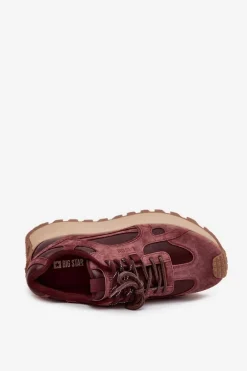 Hot Skórzane Sneakersy Na Platformie Damskie Big Star SS274625 HI-POLY SYSTEM Bordowe Damskie Buty Sportowe Big Star|Sneakersy Damskie