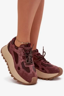 Hot Skórzane Sneakersy Na Platformie Damskie Big Star SS274625 HI-POLY SYSTEM Bordowe Damskie Buty Sportowe Big Star|Sneakersy Damskie