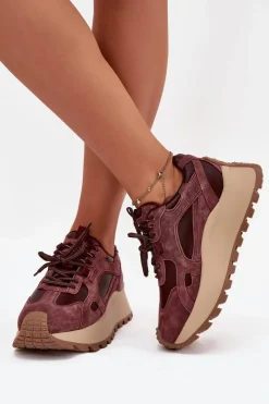 Hot Skórzane Sneakersy Na Platformie Damskie Big Star SS274625 HI-POLY SYSTEM Bordowe Damskie Buty Sportowe Big Star|Sneakersy Damskie