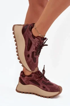 Hot Skórzane Sneakersy Na Platformie Damskie Big Star SS274625 HI-POLY SYSTEM Bordowe Damskie Buty Sportowe Big Star|Sneakersy Damskie