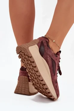 Hot Skórzane Sneakersy Na Platformie Damskie Big Star SS274625 HI-POLY SYSTEM Bordowe Damskie Buty Sportowe Big Star|Sneakersy Damskie