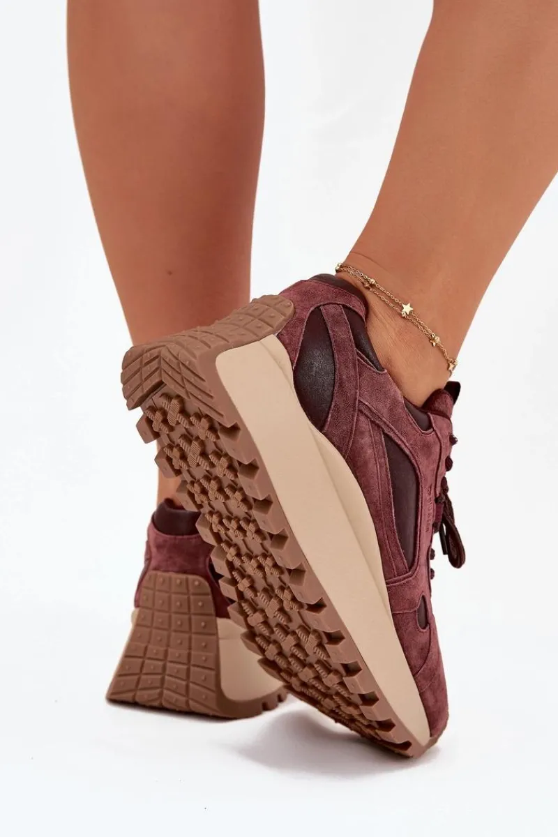 Hot Skórzane Sneakersy Na Platformie Damskie Big Star SS274625 HI-POLY SYSTEM Bordowe Damskie Buty Sportowe Big Star|Sneakersy Damskie