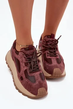 Hot Skórzane Sneakersy Na Platformie Damskie Big Star SS274625 HI-POLY SYSTEM Bordowe Damskie Buty Sportowe Big Star|Sneakersy Damskie