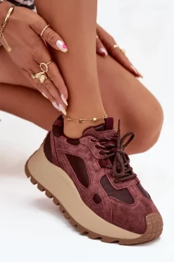 Hot Skórzane Sneakersy Na Platformie Damskie Big Star SS274625 HI-POLY SYSTEM Bordowe Damskie Buty Sportowe Big Star|Sneakersy Damskie