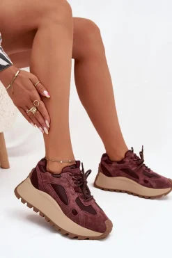 Hot Skórzane Sneakersy Na Platformie Damskie Big Star SS274625 HI-POLY SYSTEM Bordowe Damskie Buty Sportowe Big Star|Sneakersy Damskie