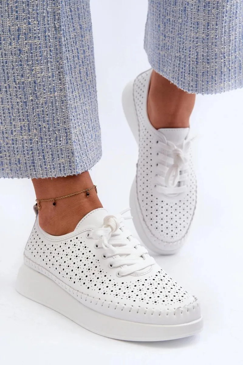 Skórzane Sneakersy Na Platformie S.Barski LR278 Białe Damskie Sneakersy Damskie