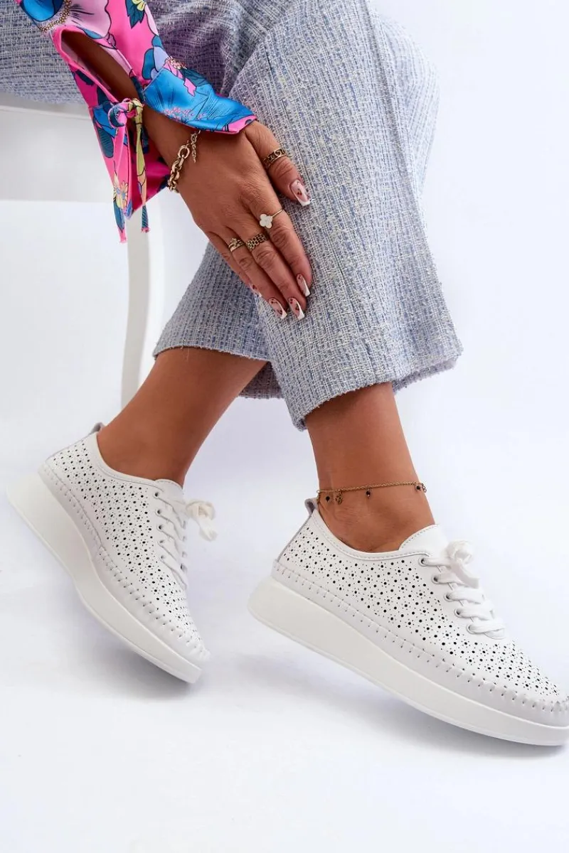 Skórzane Sneakersy Na Platformie S.Barski LR278 Białe Damskie Sneakersy Damskie