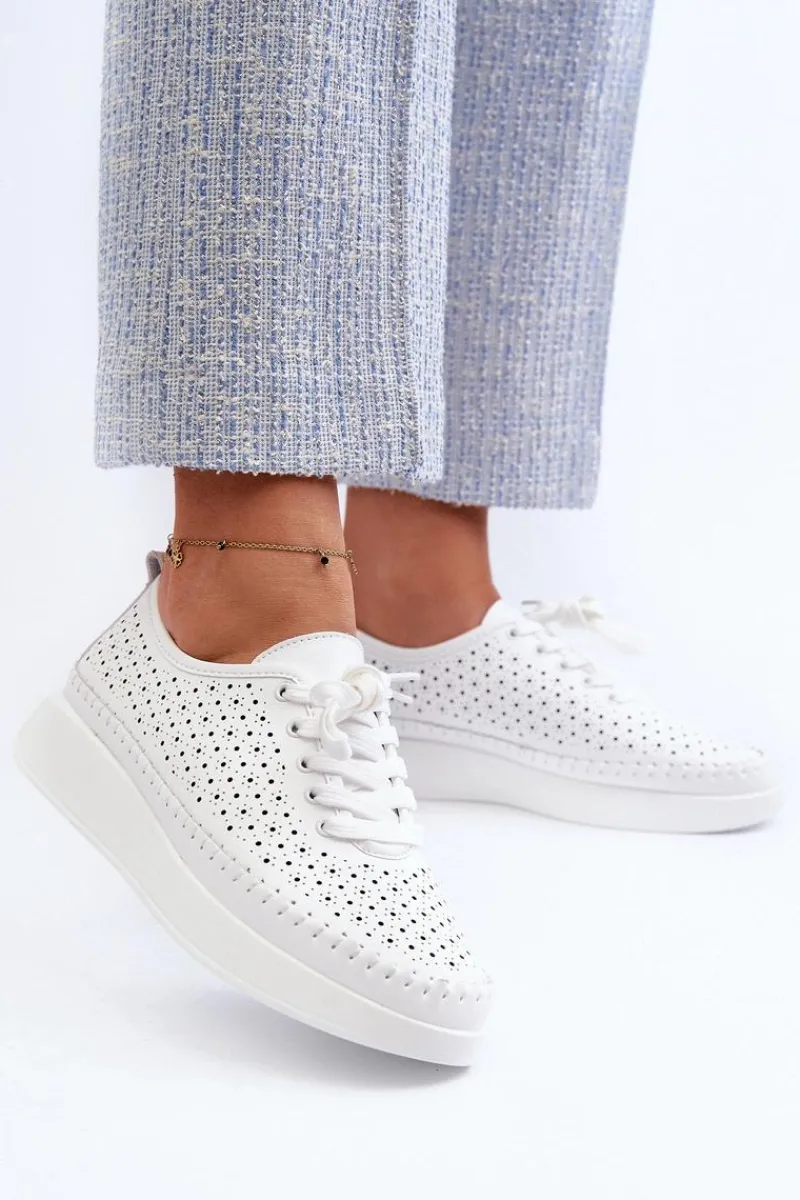Skórzane Sneakersy Na Platformie S.Barski LR278 Białe Damskie Sneakersy Damskie