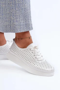 Skórzane Sneakersy Na Platformie S.Barski LR278 Białe Damskie Sneakersy Damskie