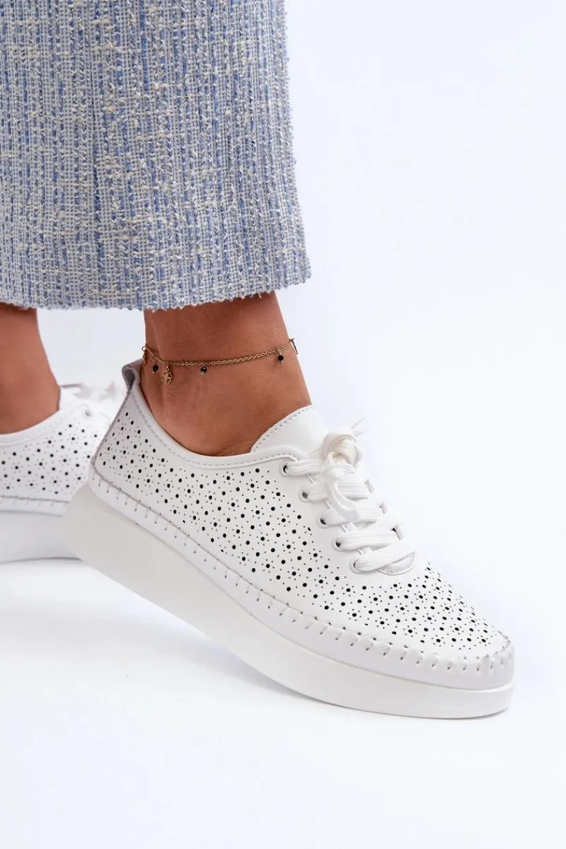 Skórzane Sneakersy Na Platformie S.Barski LR278 Białe Damskie Sneakersy Damskie