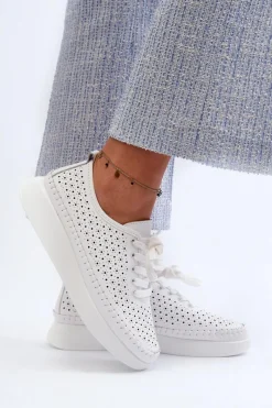 Skórzane Sneakersy Na Platformie S.Barski LR278 Białe Damskie Sneakersy Damskie
