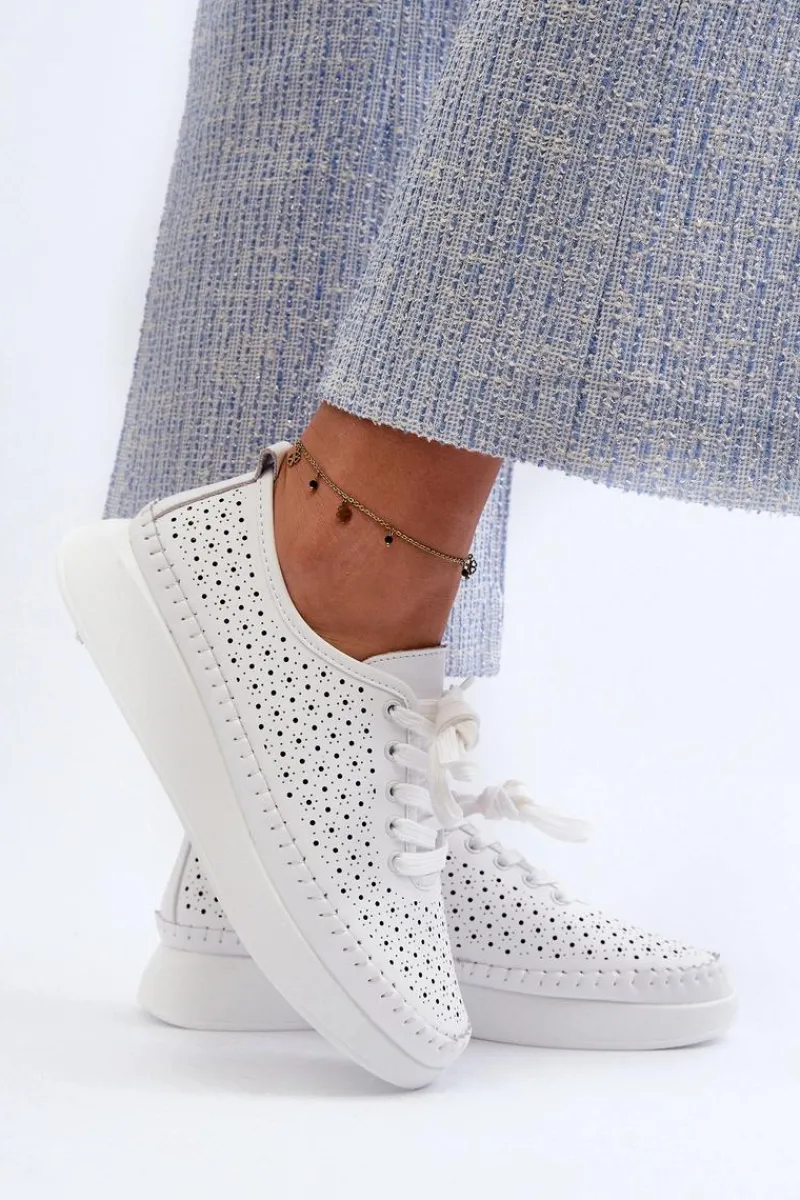 Skórzane Sneakersy Na Platformie S.Barski LR278 Białe Damskie Sneakersy Damskie