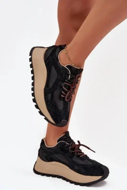 Buty Sportowe Big Star|Sneakersy Damskie>Big Star Shoes Skórzane Sneakersy Na Platformie Damskie Big Star SS274628 HI-POLY SYSTEM Czarne Czarny