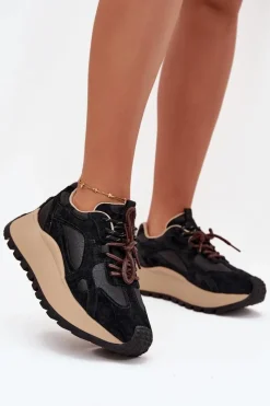 Buty Sportowe Big Star|Sneakersy Damskie>Big Star Shoes Skórzane Sneakersy Na Platformie Damskie Big Star SS274628 HI-POLY SYSTEM Czarne Czarny