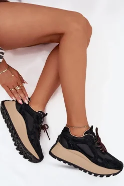 Buty Sportowe Big Star|Sneakersy Damskie></noscript>Big Star Shoes Skórzane Sneakersy Na Platformie Damskie Big Star SS274628 HI-POLY SYSTEM Czarne Czarny