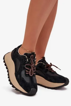 Buty Sportowe Big Star|Sneakersy Damskie></noscript>Big Star Shoes Skórzane Sneakersy Na Platformie Damskie Big Star SS274628 HI-POLY SYSTEM Czarne Czarny